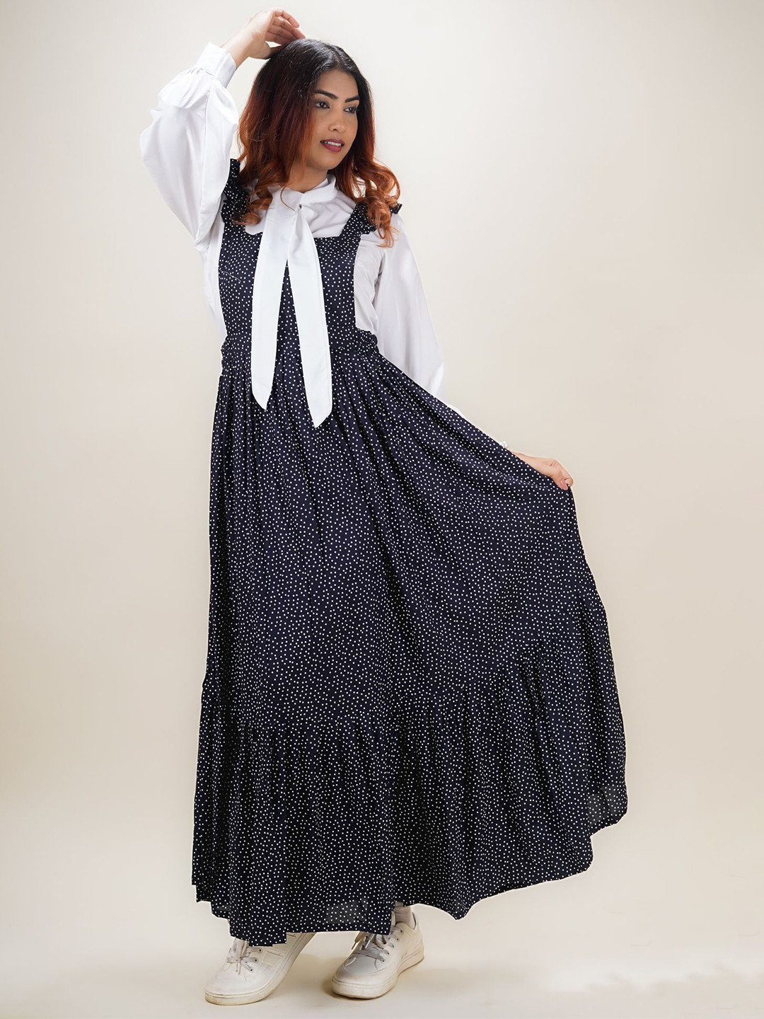 GO BOUJEE Women Polka Dot  Print Tie-Up Neck Maxi Dress