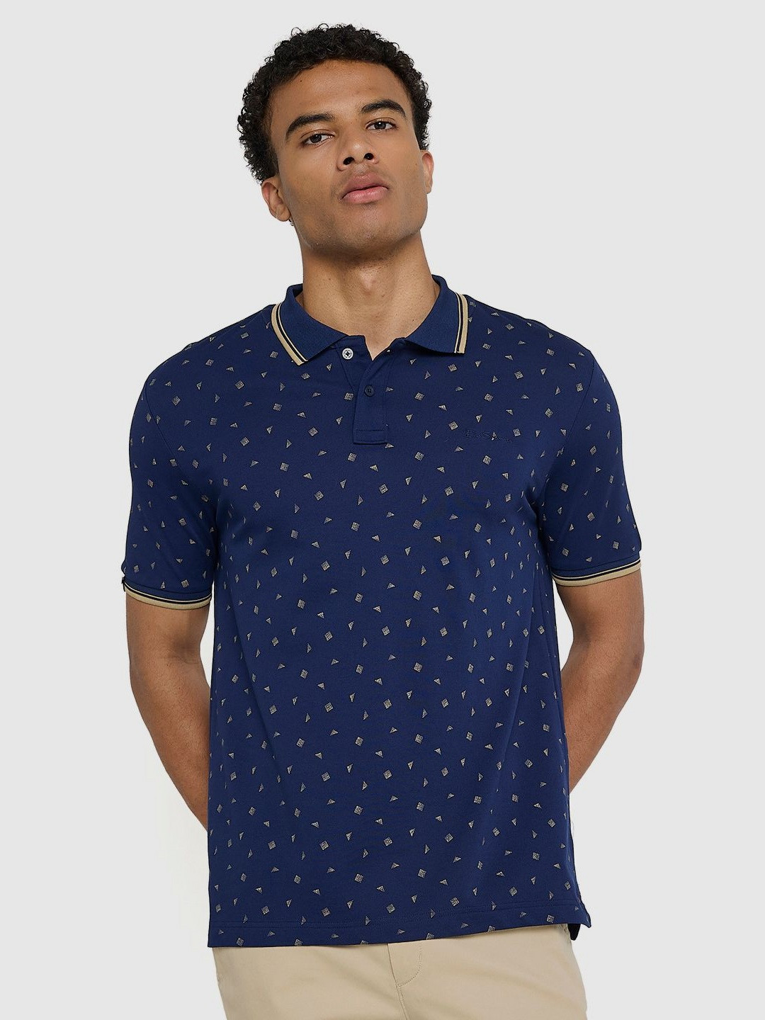 BEN SHERMAN Conversational Printed Polo Collar Cotton T-shirt