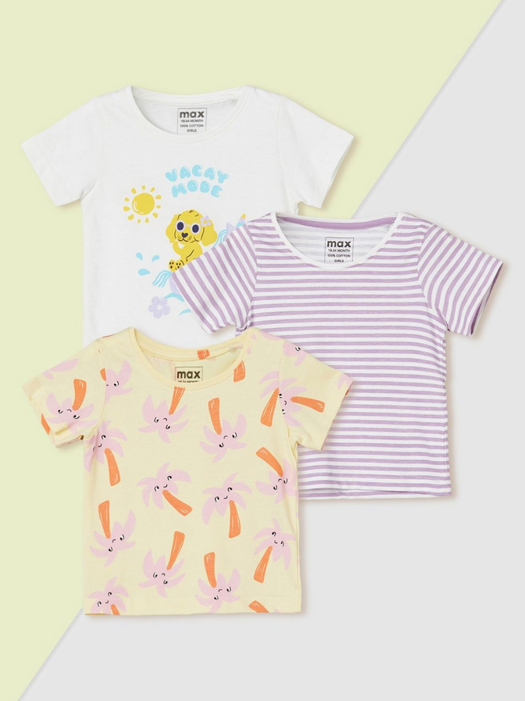 max Girls Conversational Printed Pack Of 3 Cap Sleeves Pure Cotton T-shirts