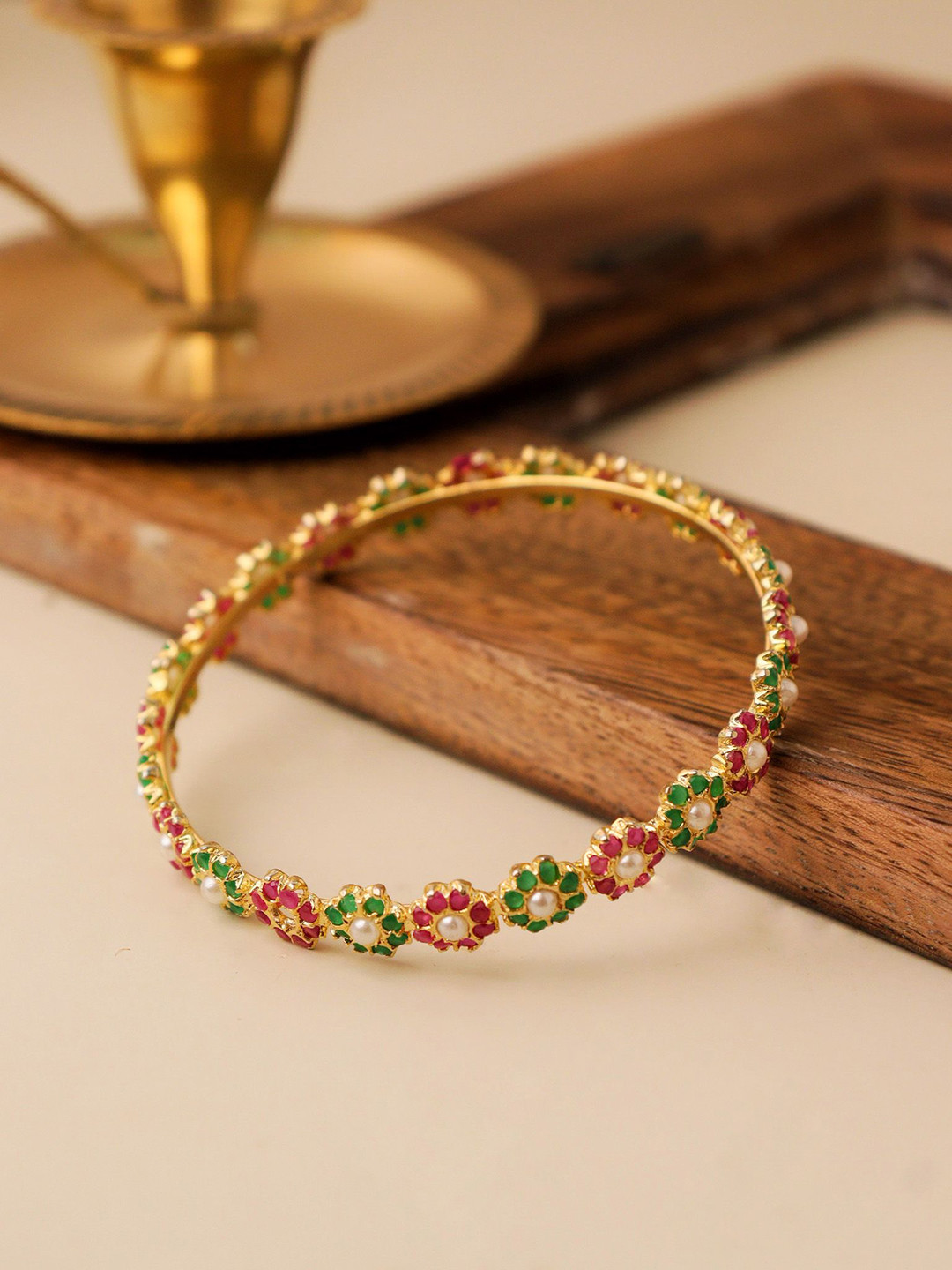 CURIO COTTAGE Gold-Plated Floral Jadau Bangle