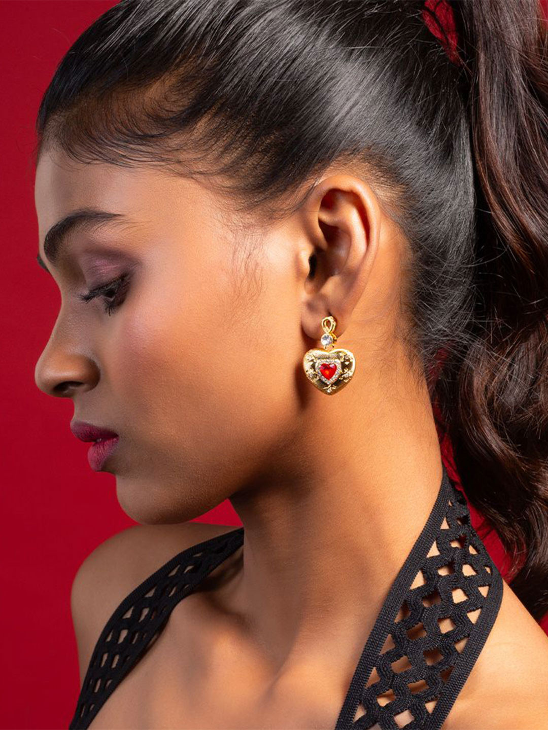 MINJI AND CO. Gold-Plated Crystal Studded Heart Shaped Drop Earrings