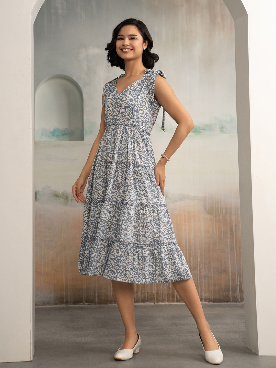 AASK Women Sky Blue Printed Delta Crepe Fit and Flare Calf Length Dress