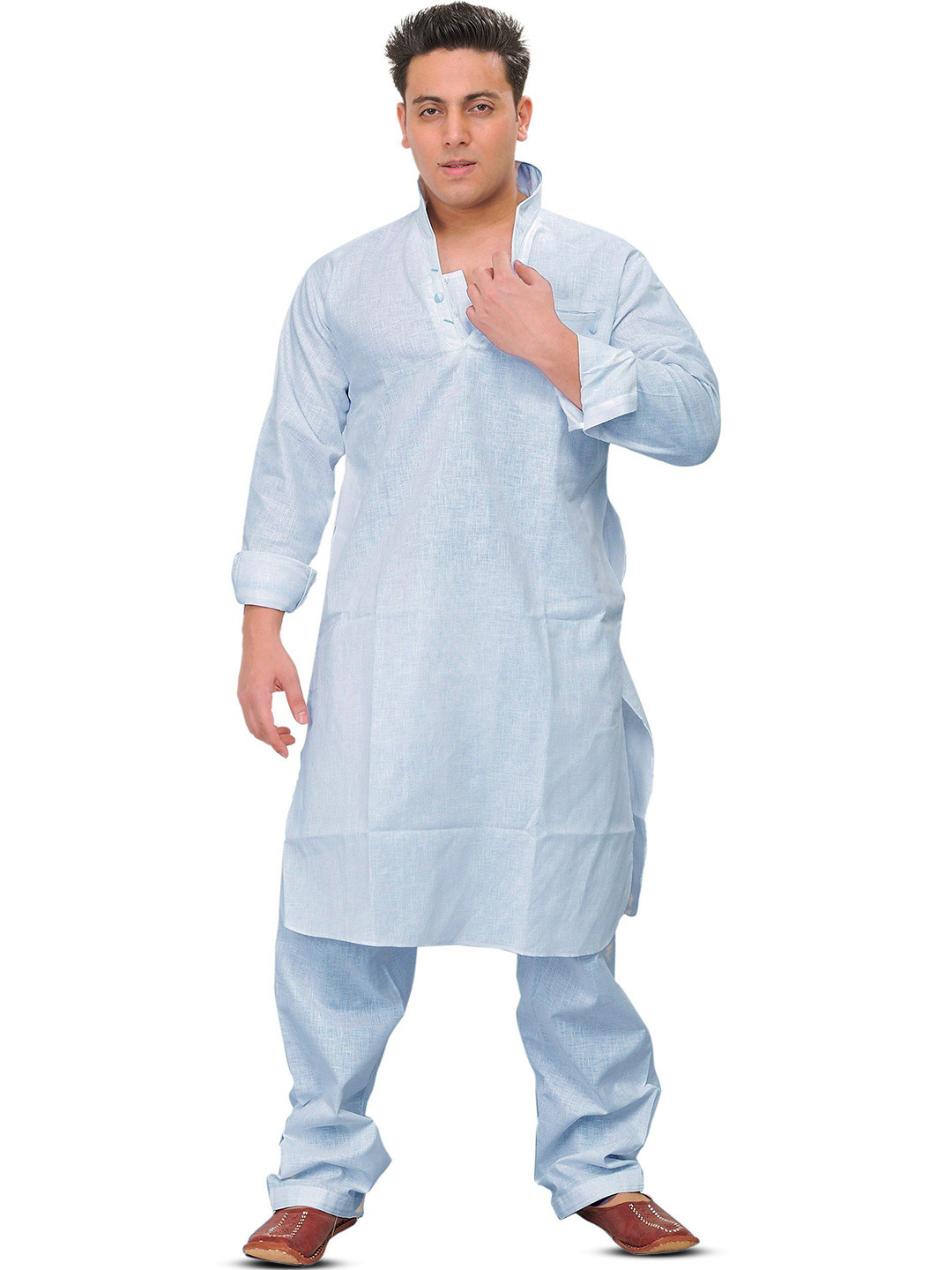 Exotic India Stylish Mandarin Collar Pure Cotton Kurta With Pyjamas