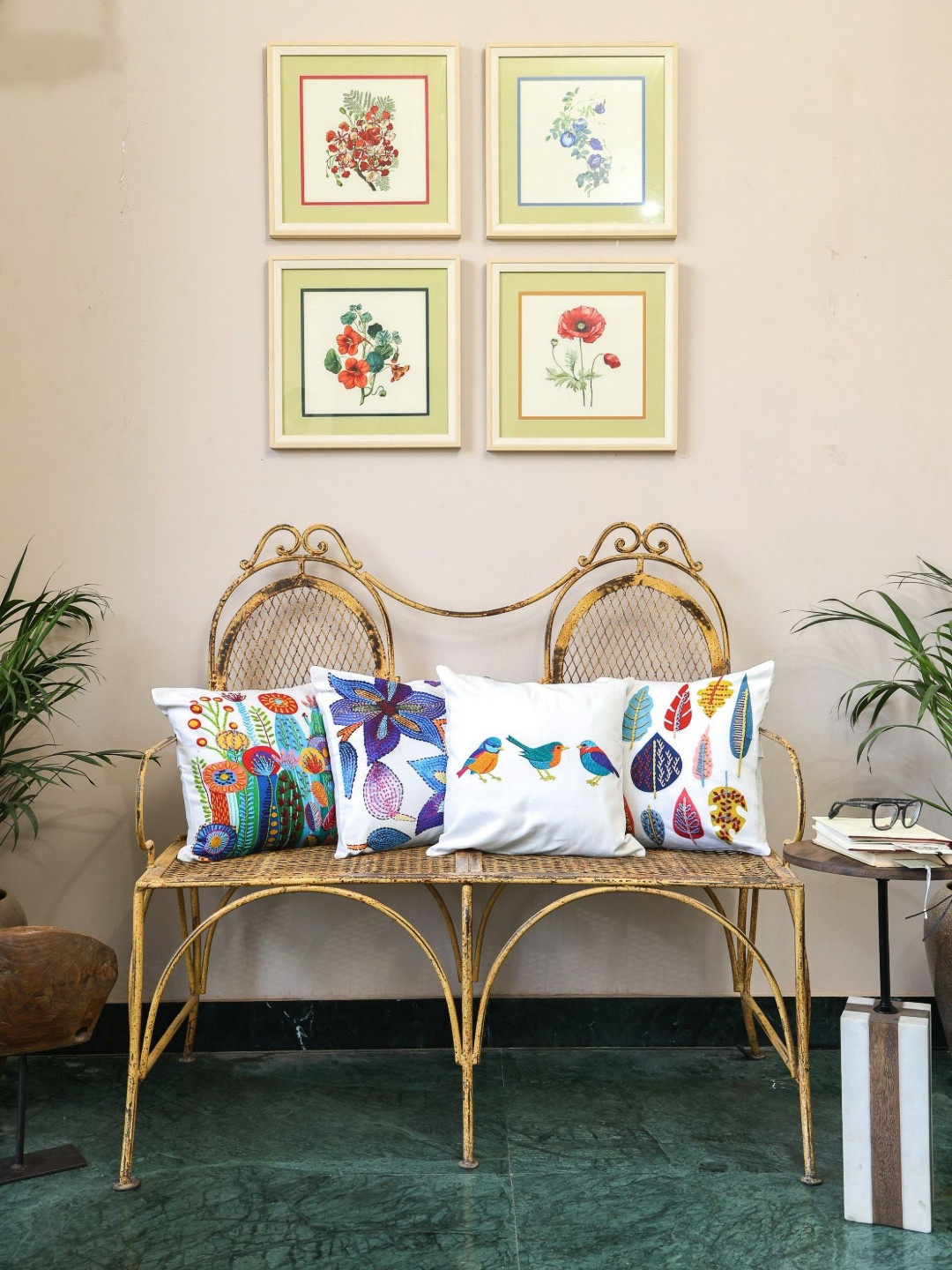 Crown of Poppies Asian Garden 4 Pieces Floral Printed Velvet Square Cushion Covers