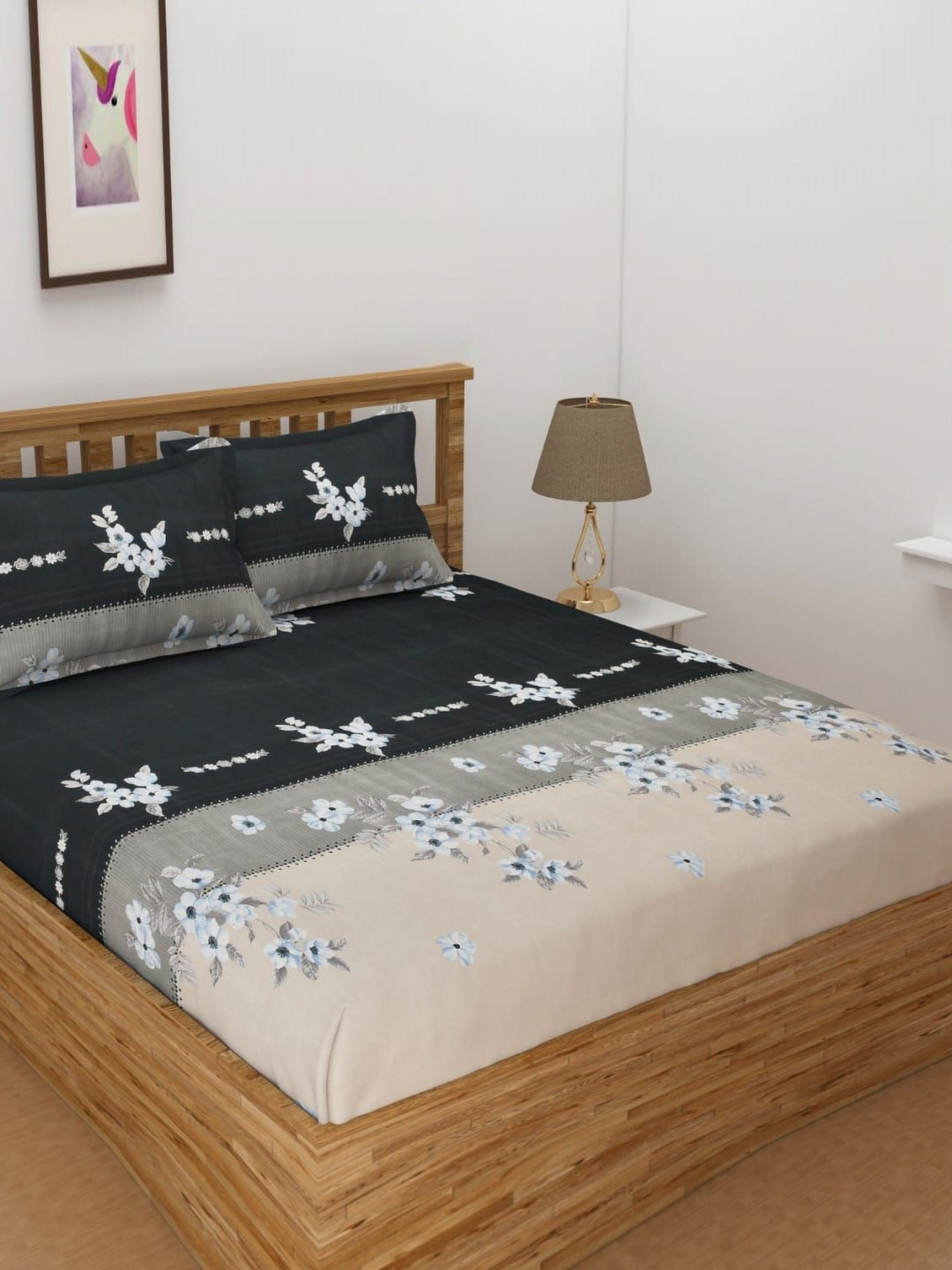 B' Decorlish Beige & Black Floral Printed 220 TC Cotton Queen Bedsheet Set 1.82 m x 1.92 m