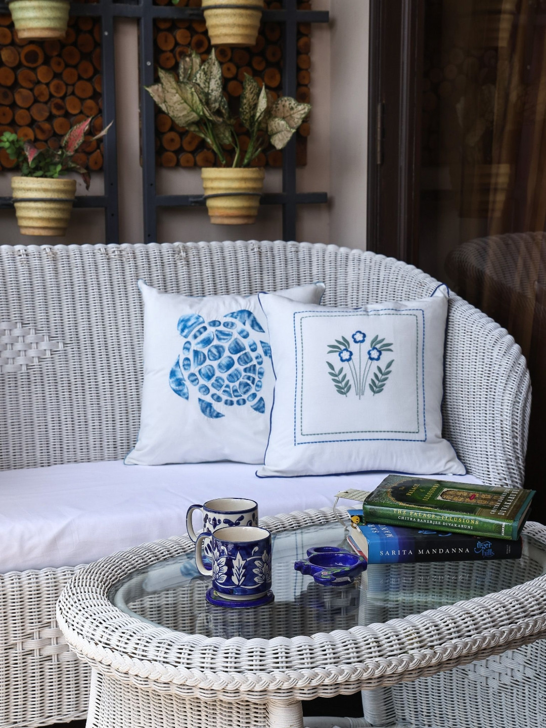 Crown of Poppies White & Blue 2 Pieces Floral Embroidered Cotton Square Cushion Covers