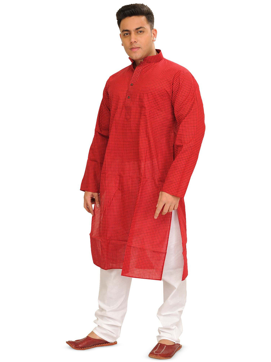 Exotic India Cheked Mandarin Collar Pure Cotton Pathani Kurta With Pyjamas
