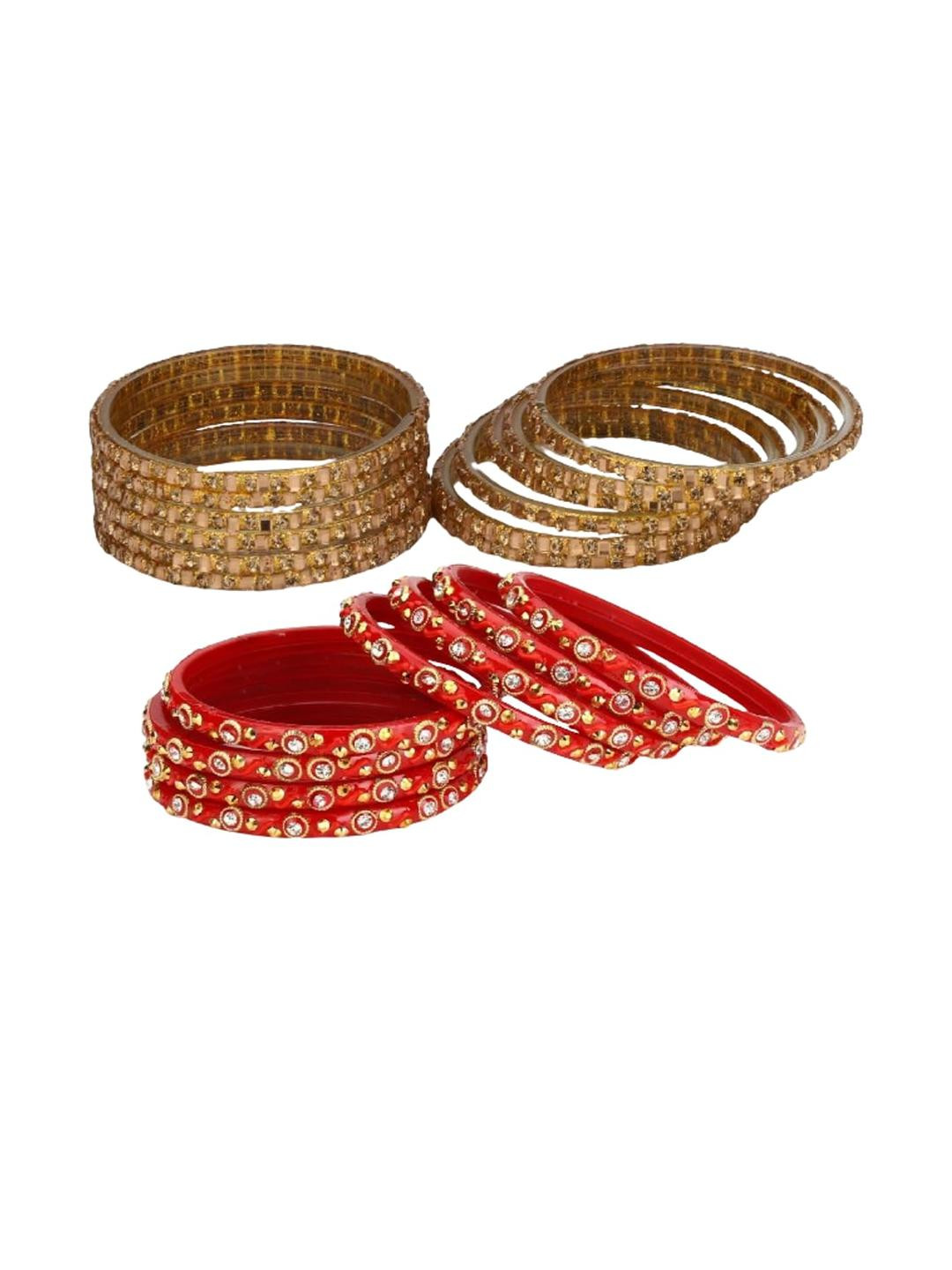 Somil Stylish Glass & Fancy Bangle/Kada (Set Gold & Red) - Combo Of 2 Set