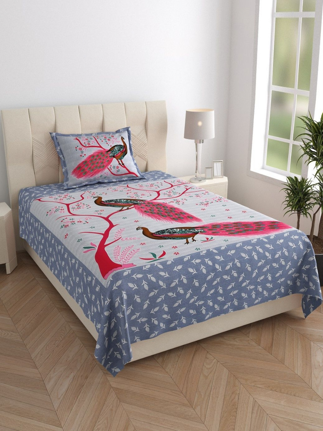 MANDAKINI Blue & Pink Ethnic Motifs Cotton 144 TC Single Bedsheet Set-1.82 m x 1.21 m