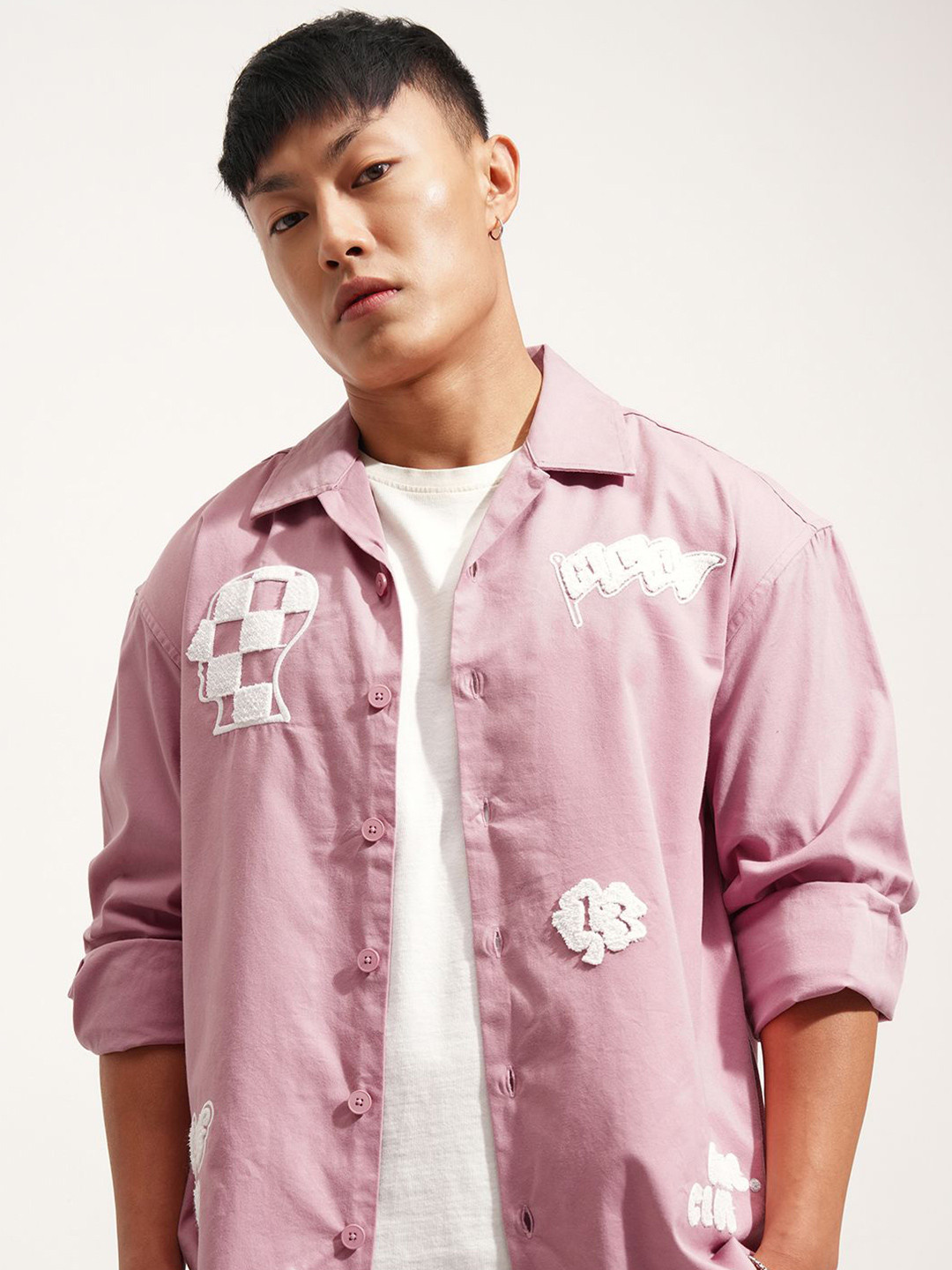 HIGHLANDER Oversized Emboroidered Cuban Collar Cotton Casual Shirt