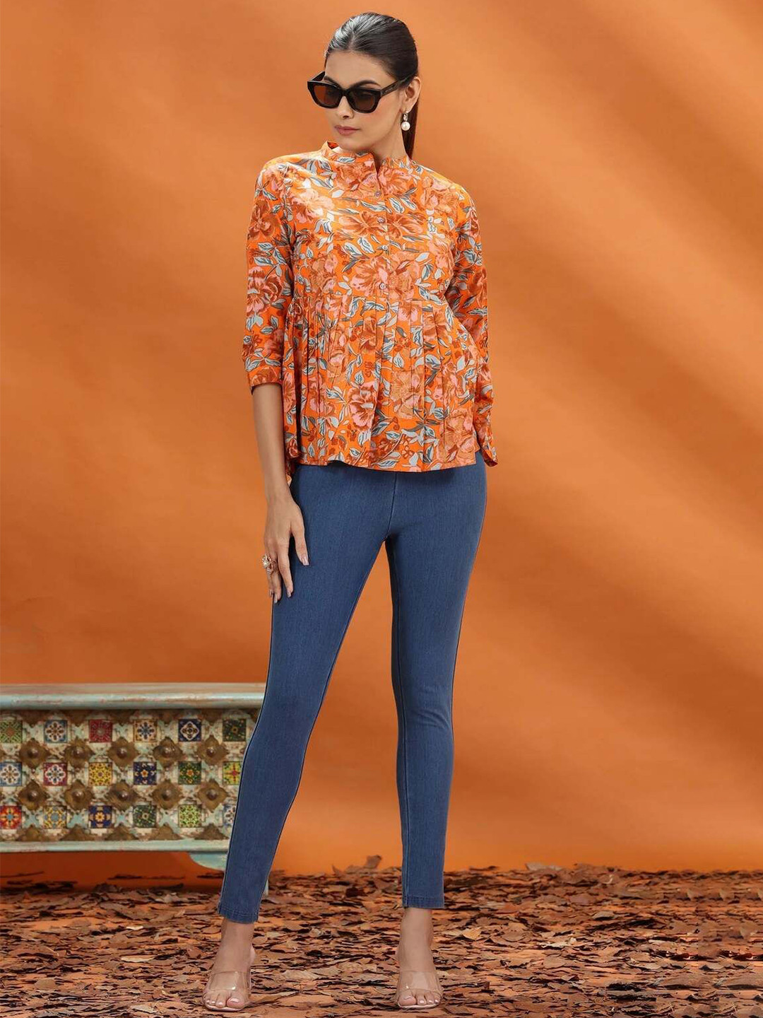 COTTON CULTURE Women Orange Jaipuri Cotton Floral Printed Peplum Top