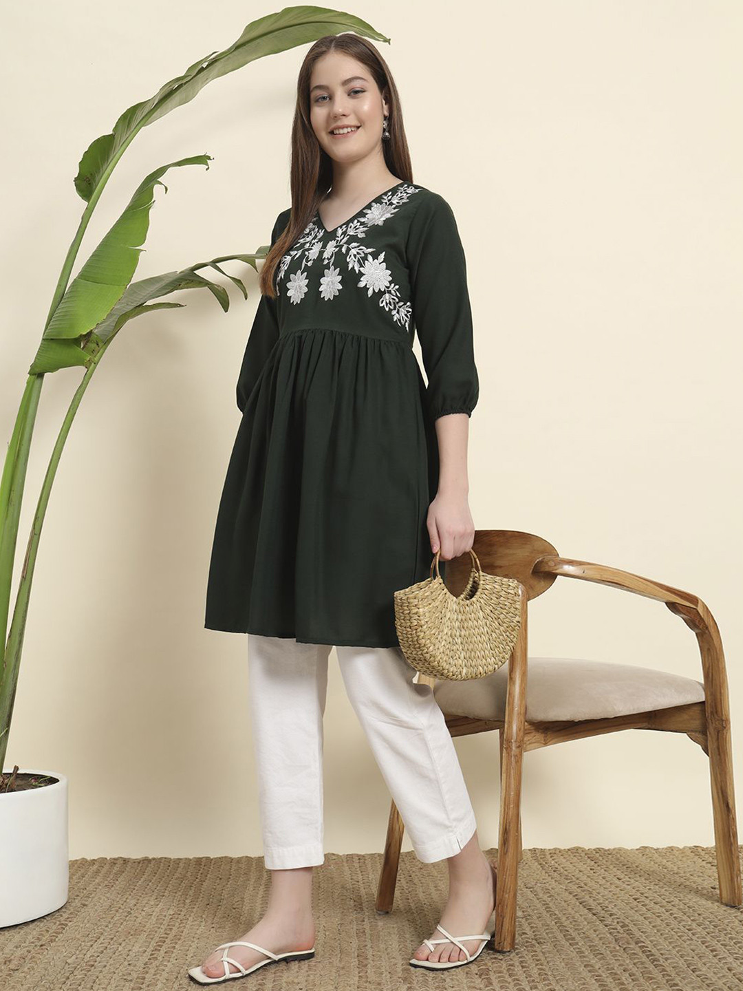 KALINI Women's Rayon Embroidery A-Line  3/4 Sleeve Women's Tunic Tops/Short Kurti