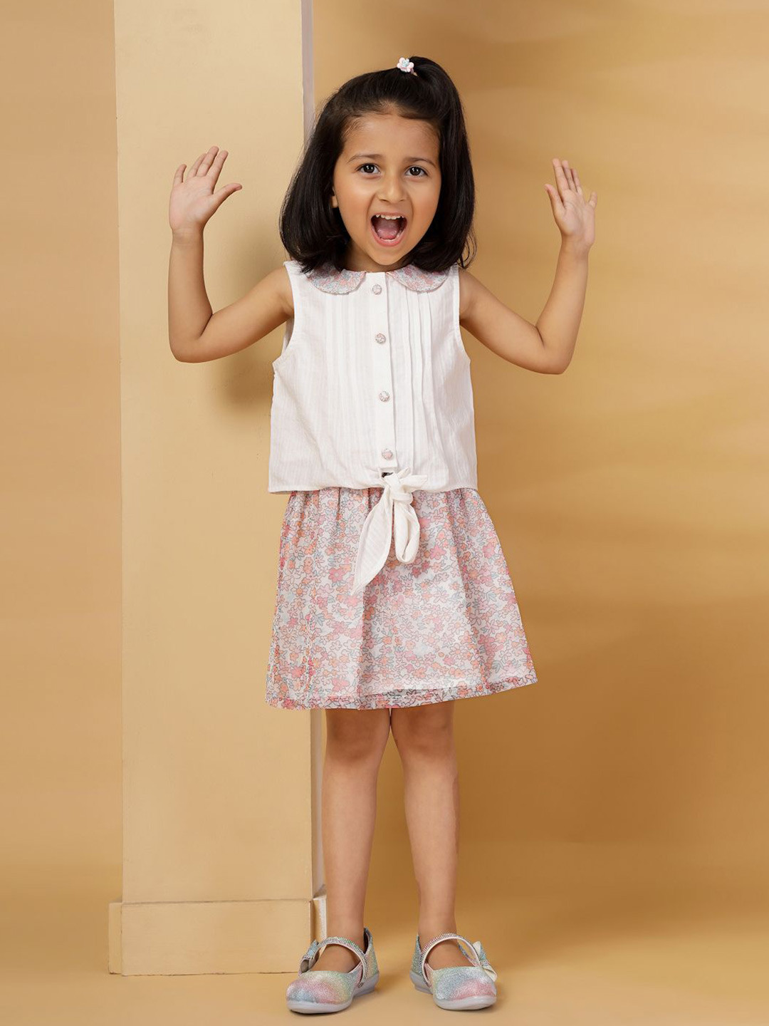 Budding Bees Girls Peter Pan Collar Pure Cotton Top With Skirt