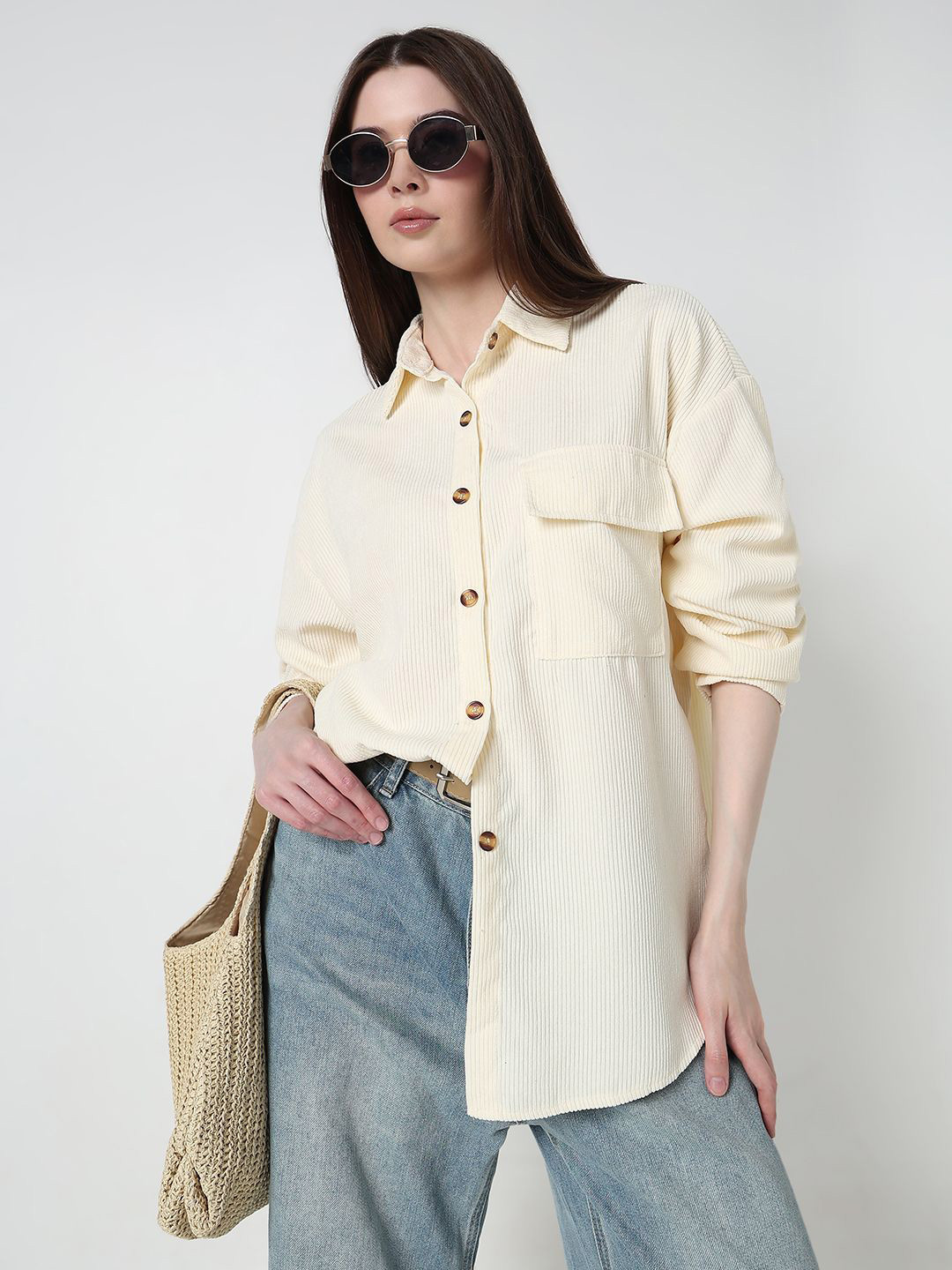 SHOWOFF Vertical Stripes Textured Spread Collar Formal Corduroy Shirt