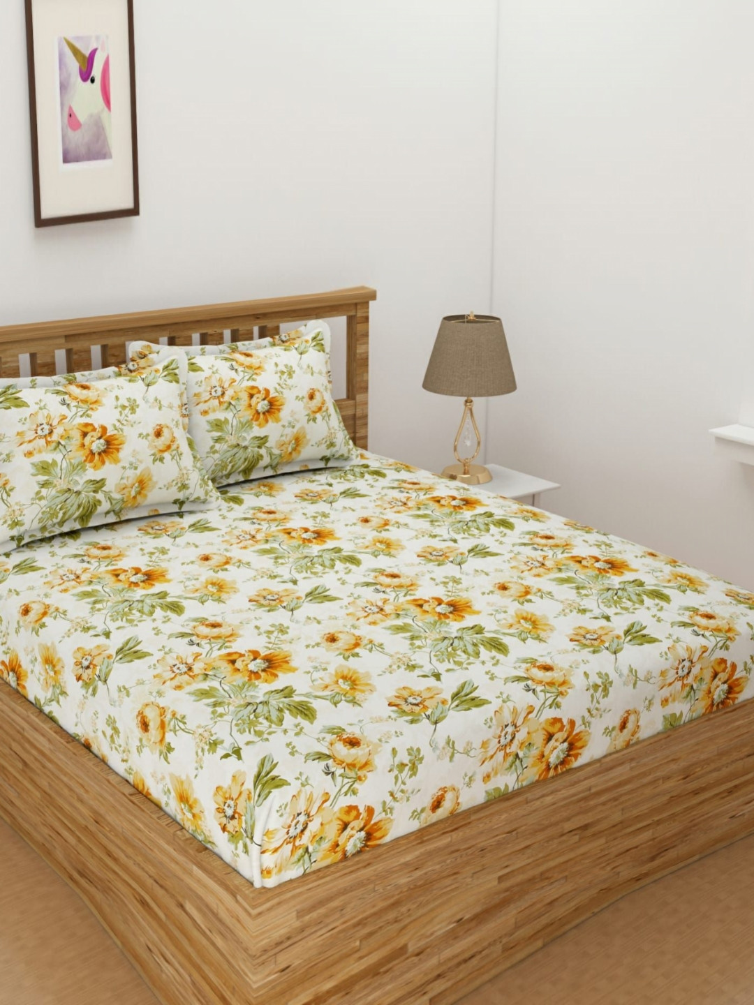 B' Decorlish Yellow Printed 220 TC Cotton Fitted Queen Bedsheet Set 1.82 m x 1.92 m