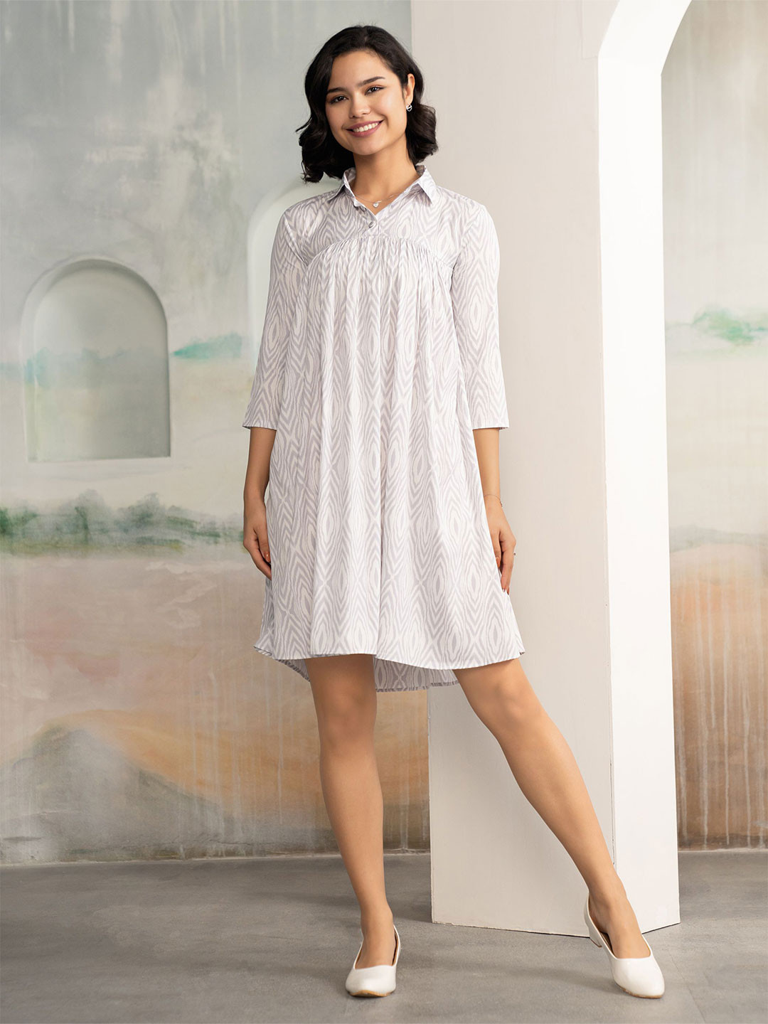 AASK Geometric Print Shirt Collar Dress