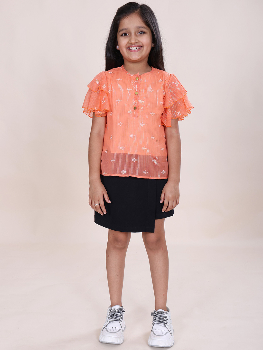 KiddoPanti Girls Printed Layer Flounce Sleeve Top & Cotton Over Lap Skort Set