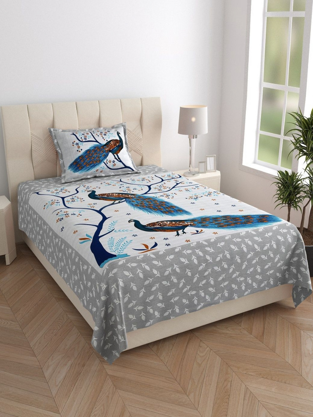 MANDAKINI Grey & Blue Ethnic Printed 144 TC Cotton Single Bedsheet Set 1.82 m x 1.21 m