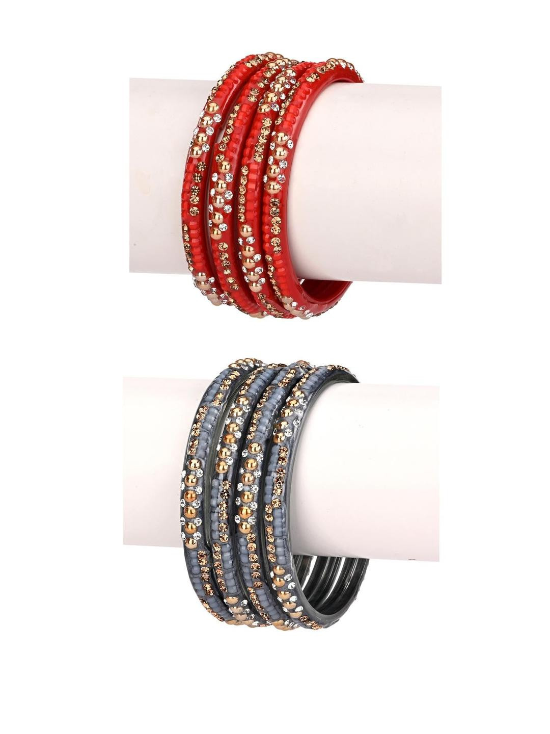 Somil Stylish Glass Fashion Bangles/Kadas Combo Of 2 Set, Red & Grey