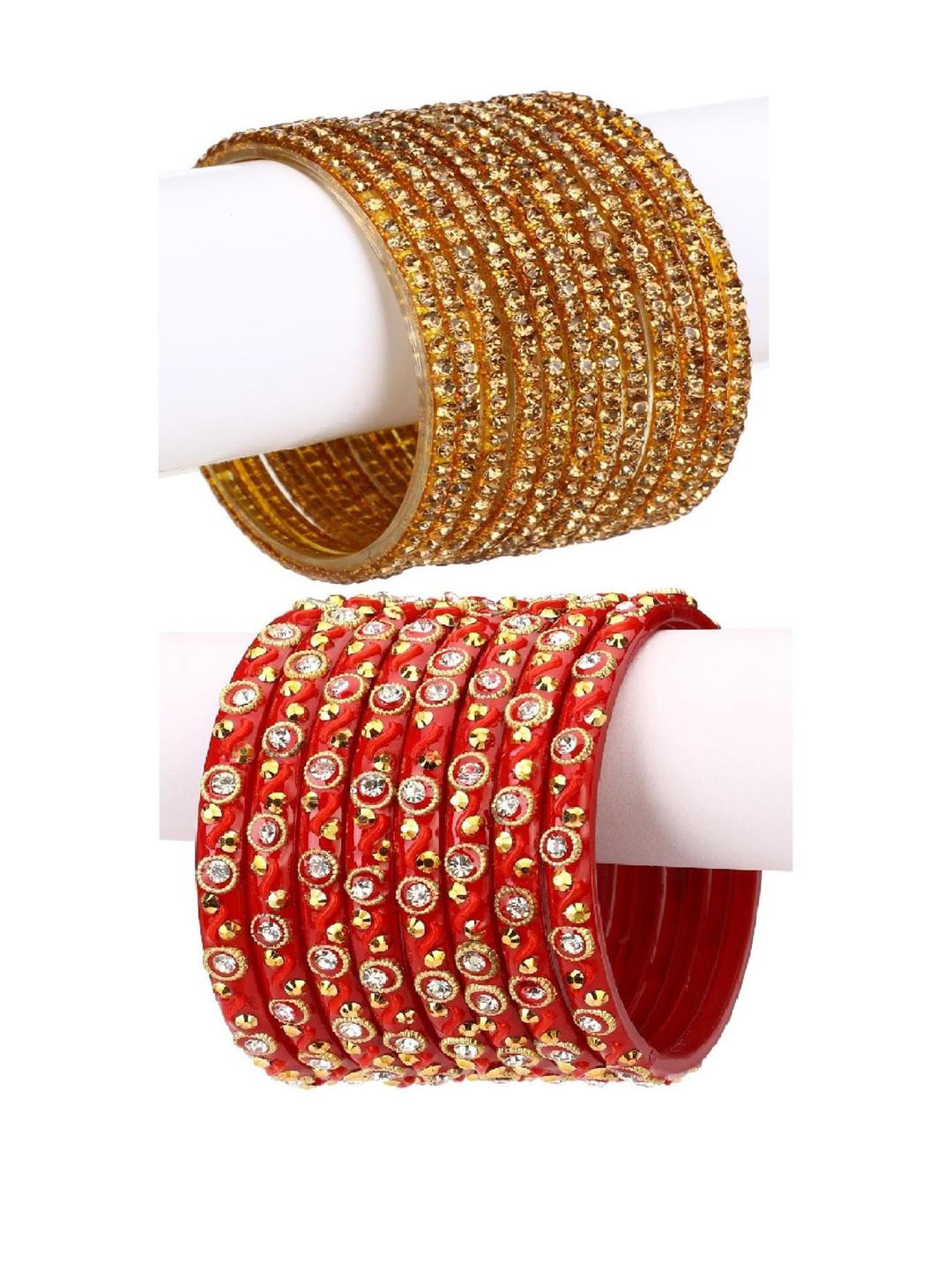 Somil Stylish Glass & Fancy Bangle/Kada Set of 20 Gold & Red, Combo Of 2 Set