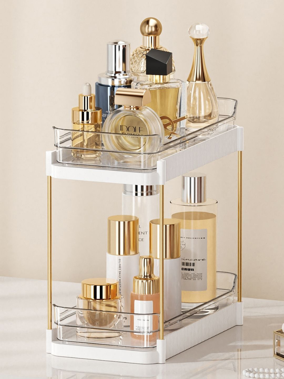 Mason Home White & Gold-Toned Two Tier Pullout Metal Storage Makeup Organiser