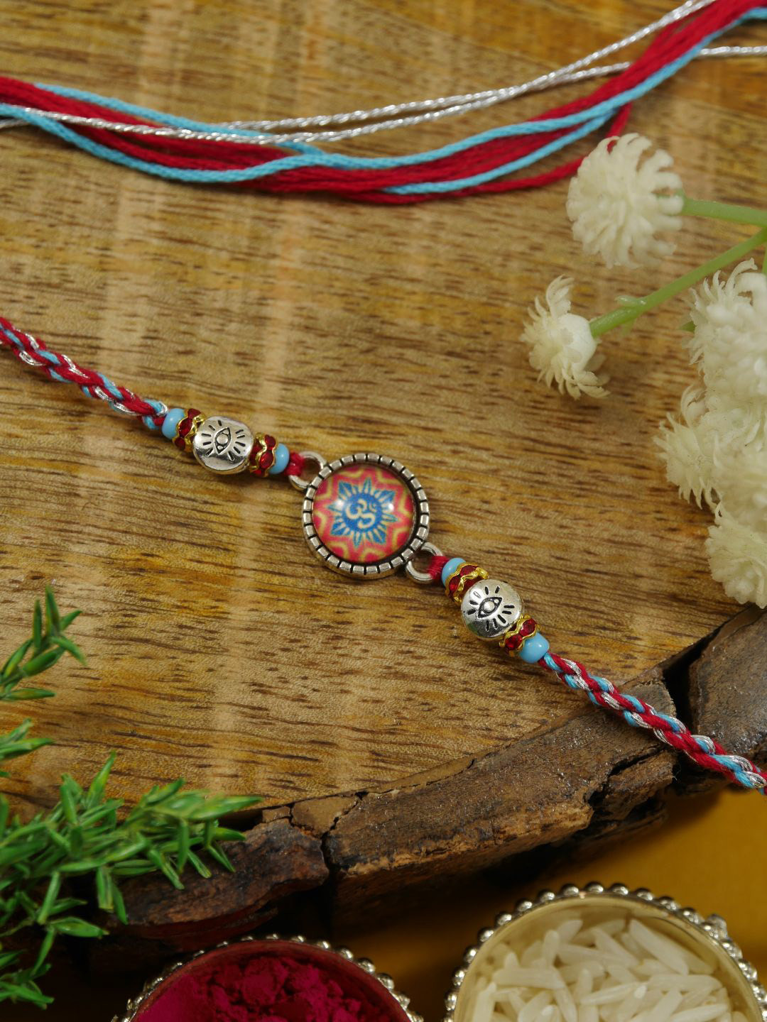 I Jewels Artificial Stones Studded And Beaded Om Tread Tie-Ups Rakhi