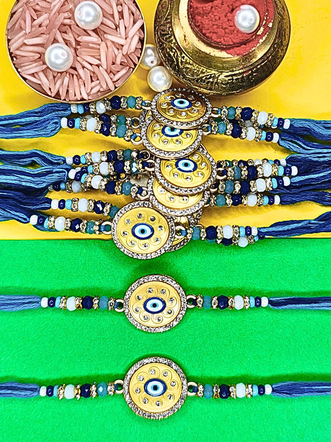 MANSIYAORANGE Set Of 12 AD Stones Studded & Beaded Cotton Thread Rakhi