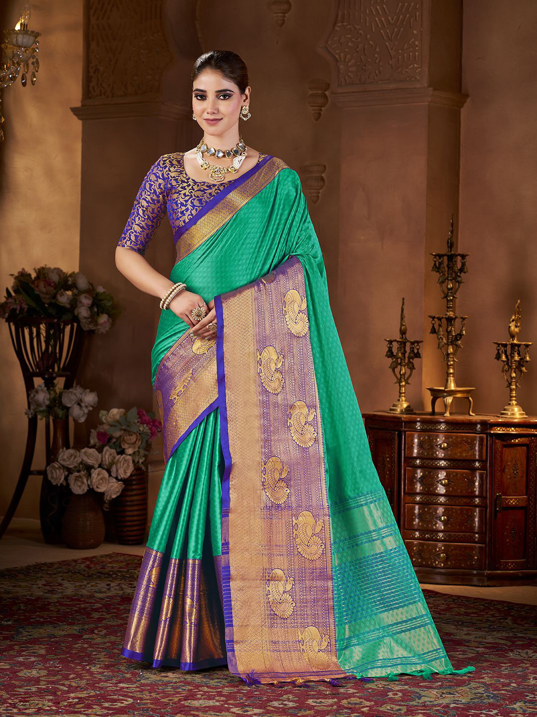 KALINI Women's Teal Cotton Silk Zari Weaving Saree with Unstitched Blouse Piece