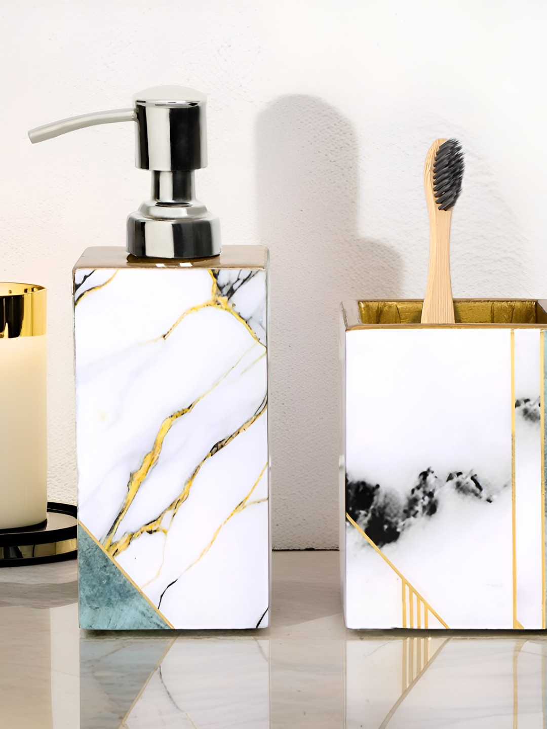 THE HOME CO. Silver-Toned & White 2 Pcs Abstract Printed Wooden Classic Bath Accessories