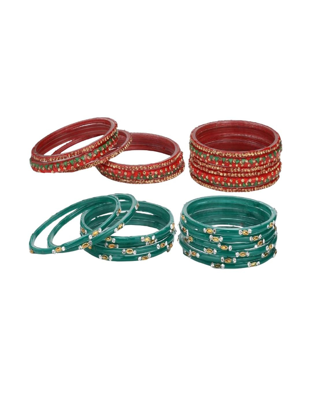 Somil Stylish Glass Bangle, Combo Of 2 Set, Each Set In 12 Bangles, Red & Green & Radium