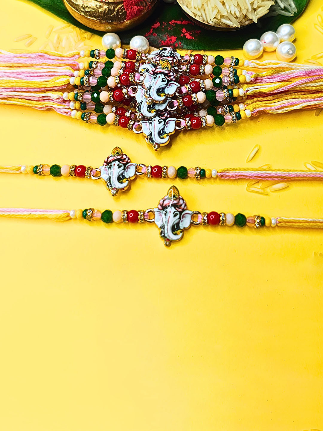 MANSIYAORANGE Set Of 12 AD Stones Studded & Beaded Cotton Thread Rakhi