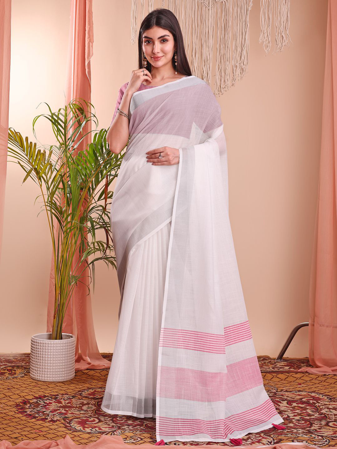 Mitera Women Soft Linen Cotton Solid Saree With Contrast Blouse Piece