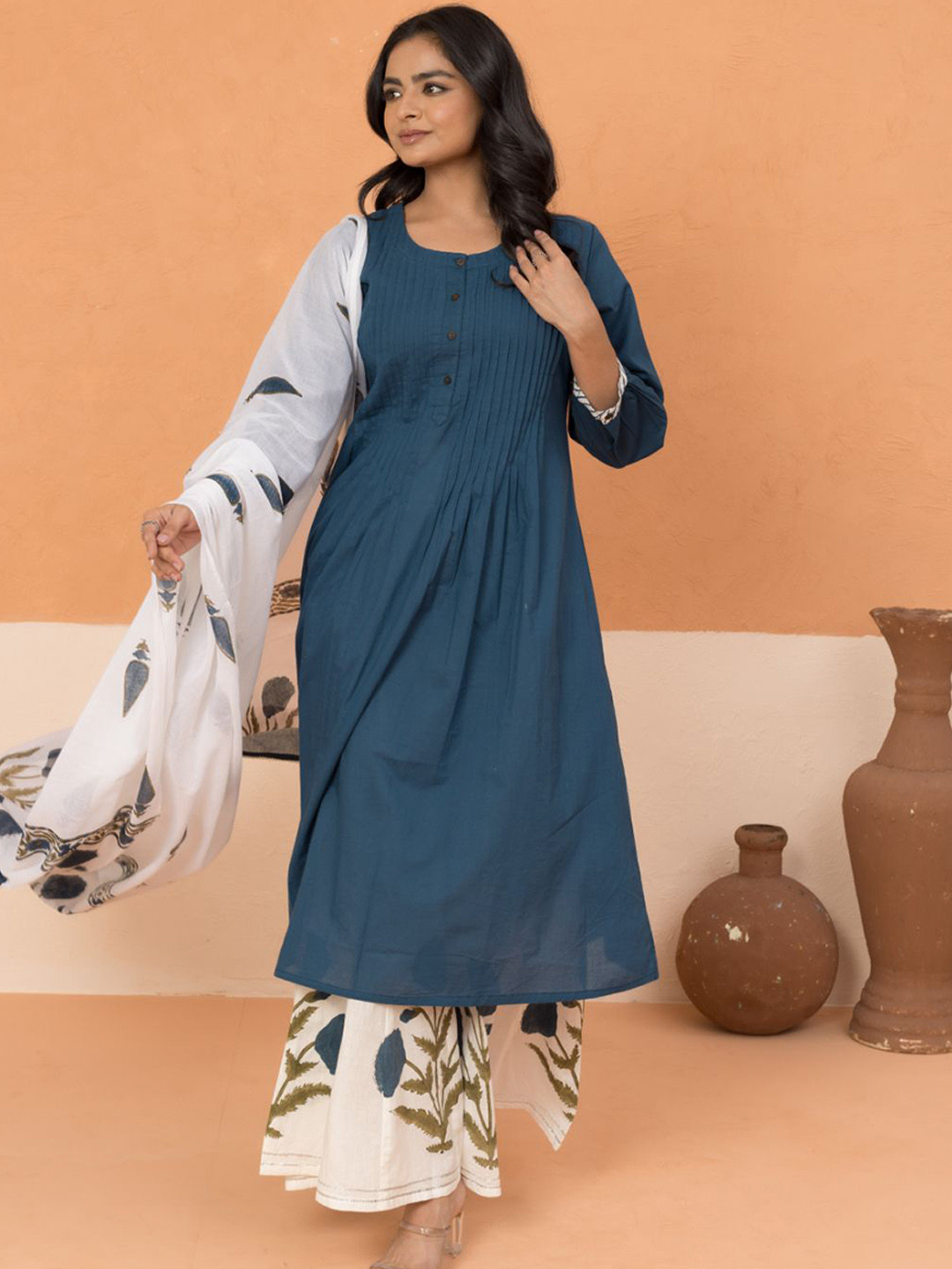 MAAND Women Hand Block Print Cotton Kurta with Sharara & Dupatta