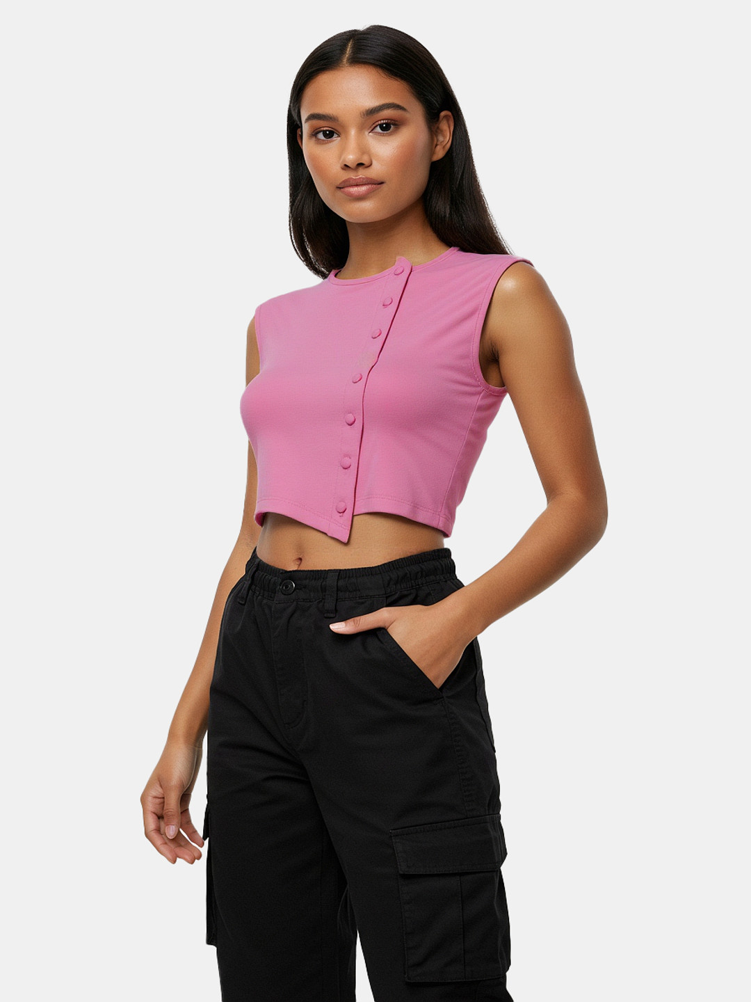 glitchez Asymmetric Hem Button-Up Crop Top
