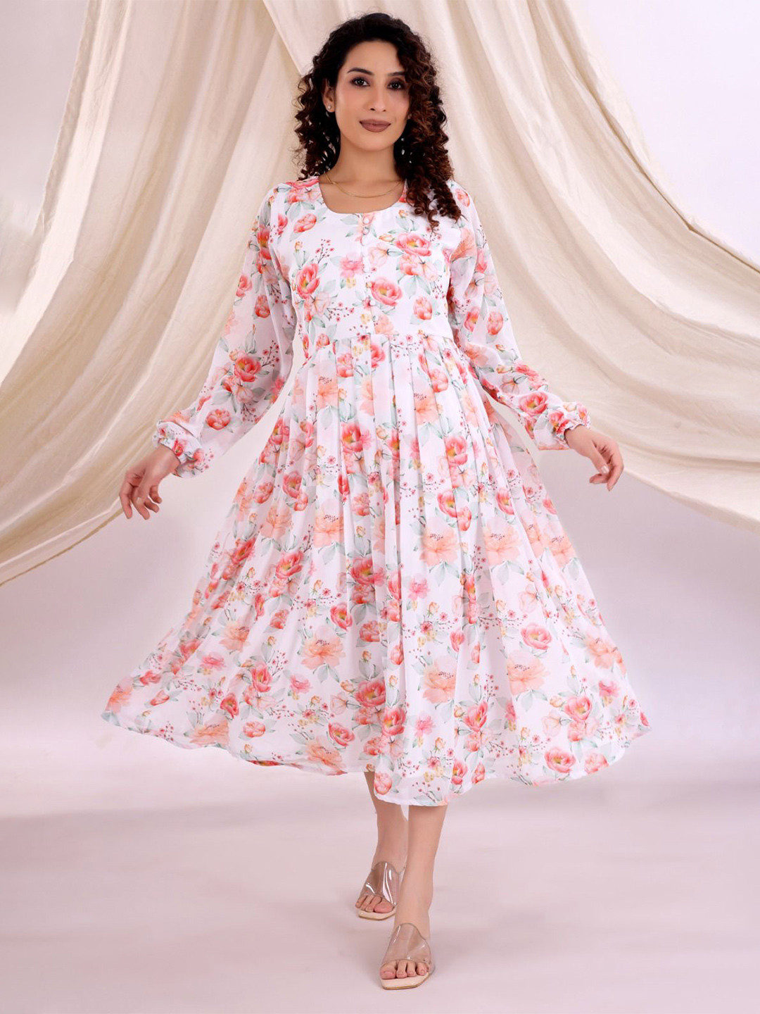 SHILL INTERNATIONAL Floral Print Flared Sleeve Georgette Fit & Flare Midi Dress