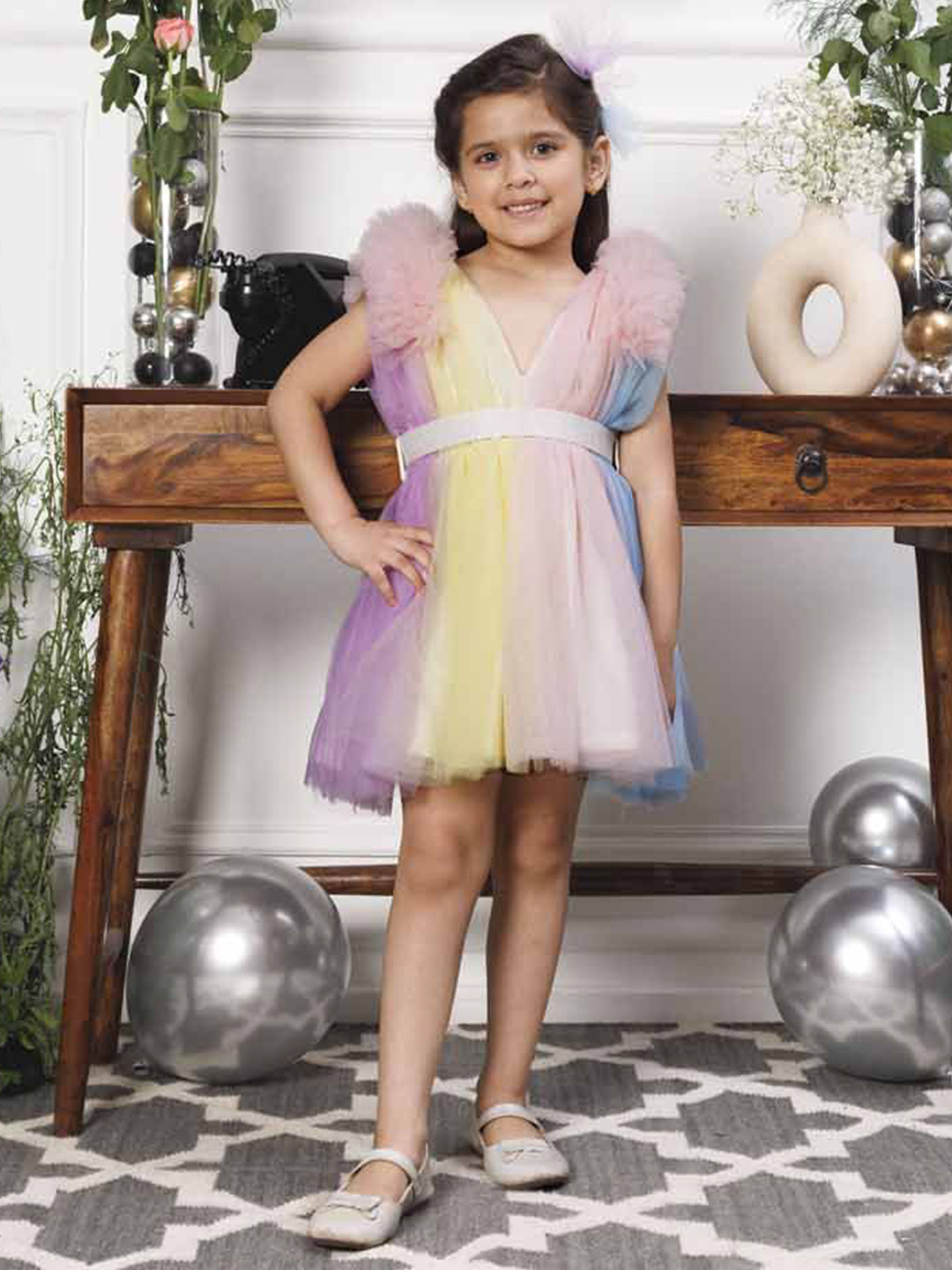 The Lush Affair Colourblocked Rainbow Flutter Sleeve Net A-Line Dress