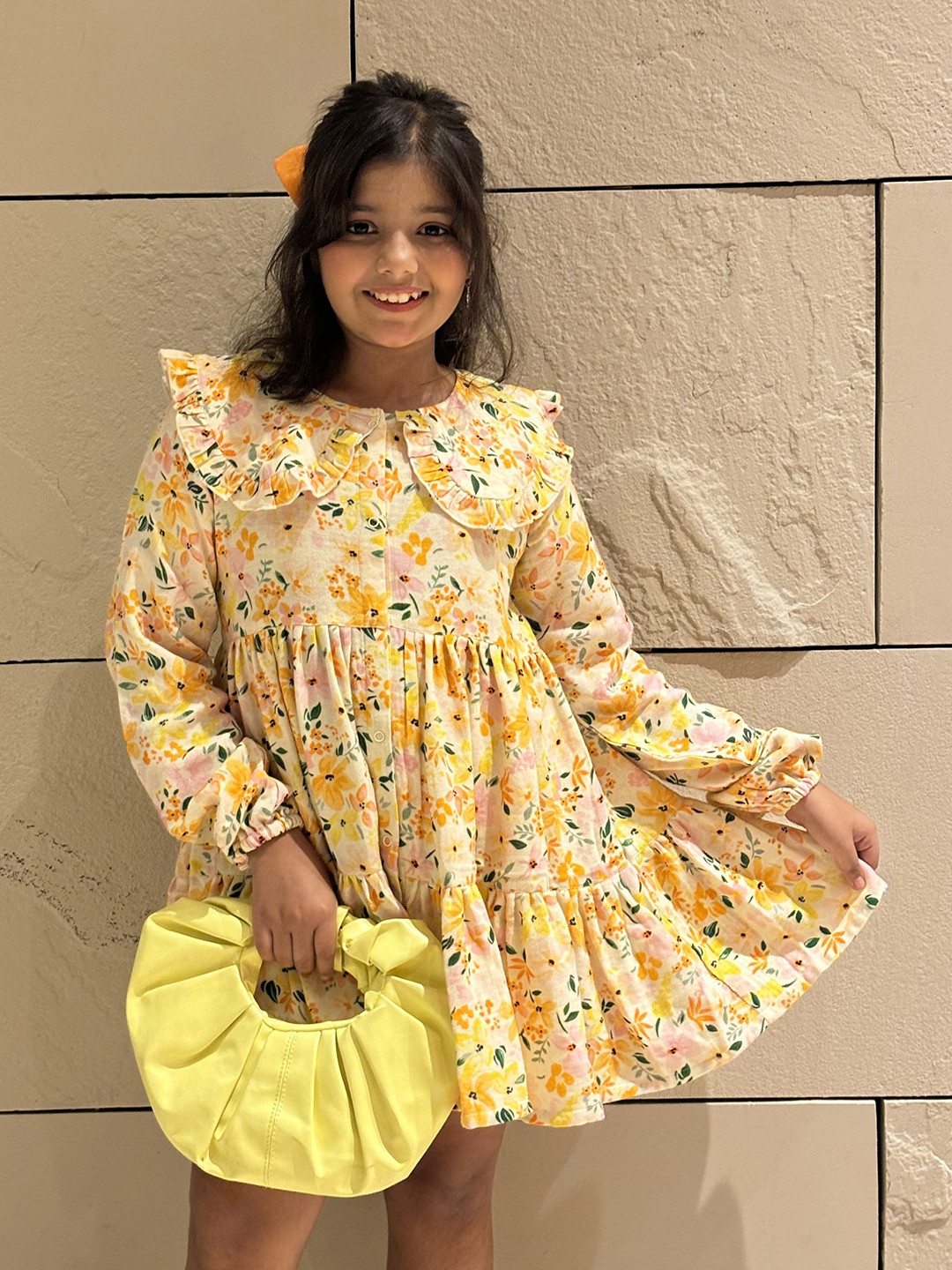 Koala Kidz Girls Sunlit Bloom Floral Print Puff Sleeve Ruffled Fit & Flare Dress