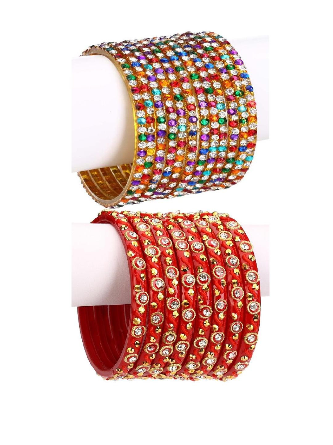 Somil Glass Bangle/Kada Set- Multicolor & Red, Combo Of 2 Set