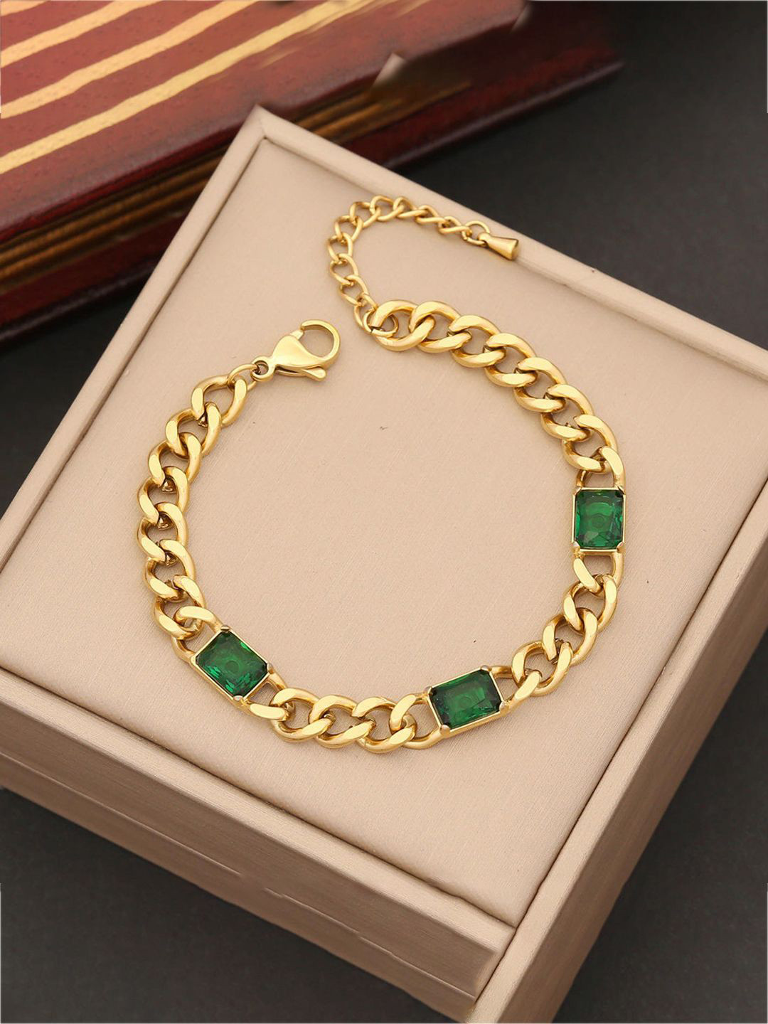 GOLDIWALA Stainless Steel Gold-Plated Artificial Stones Studded Cuban Chain Link Bracelet