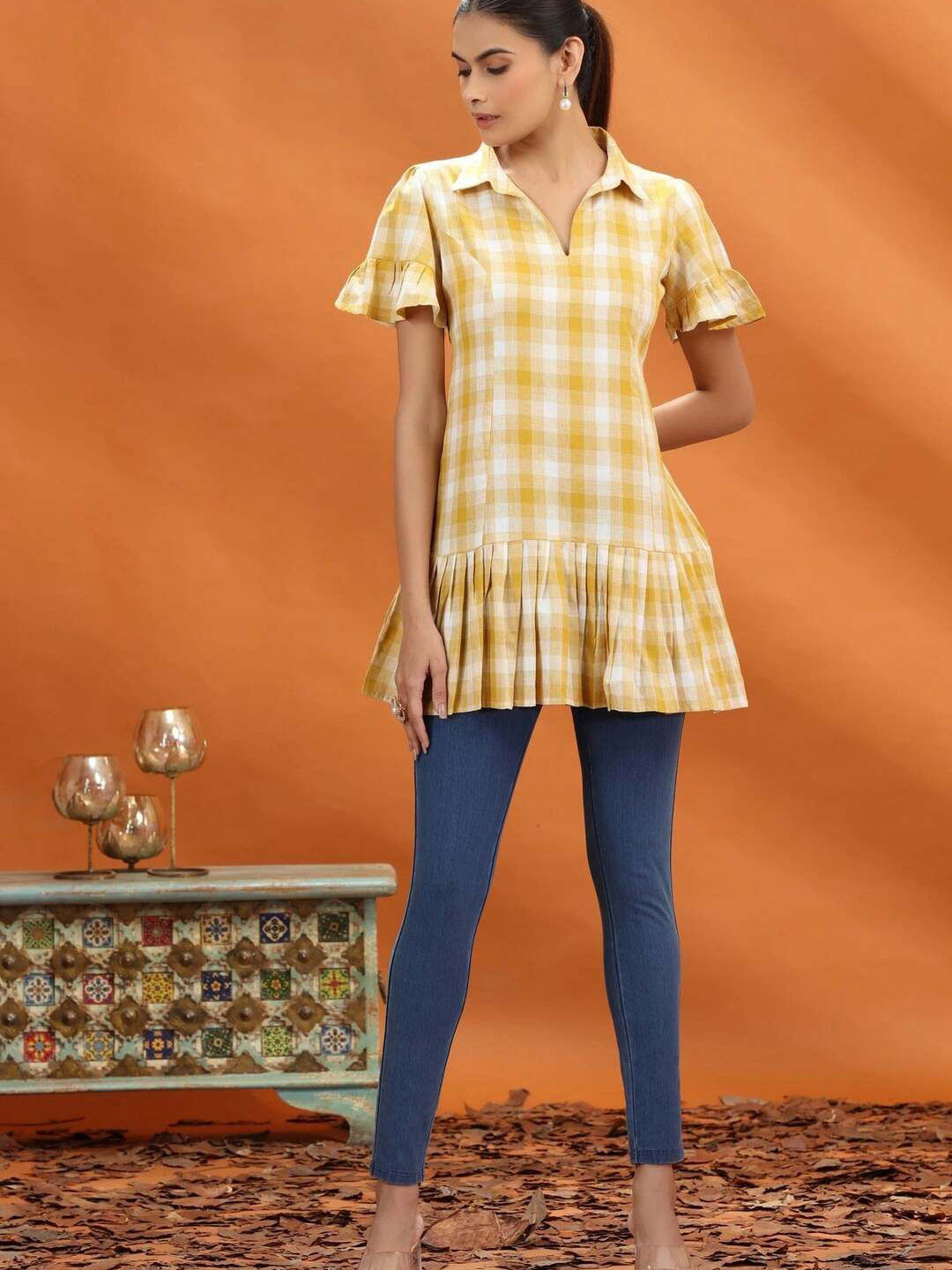 COTTON CULTURE Off White & Yellow Cotton A Line Short Kurta