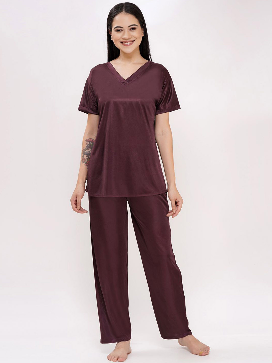 Dreambe Women V-Neck Satin Top & Pyjamas