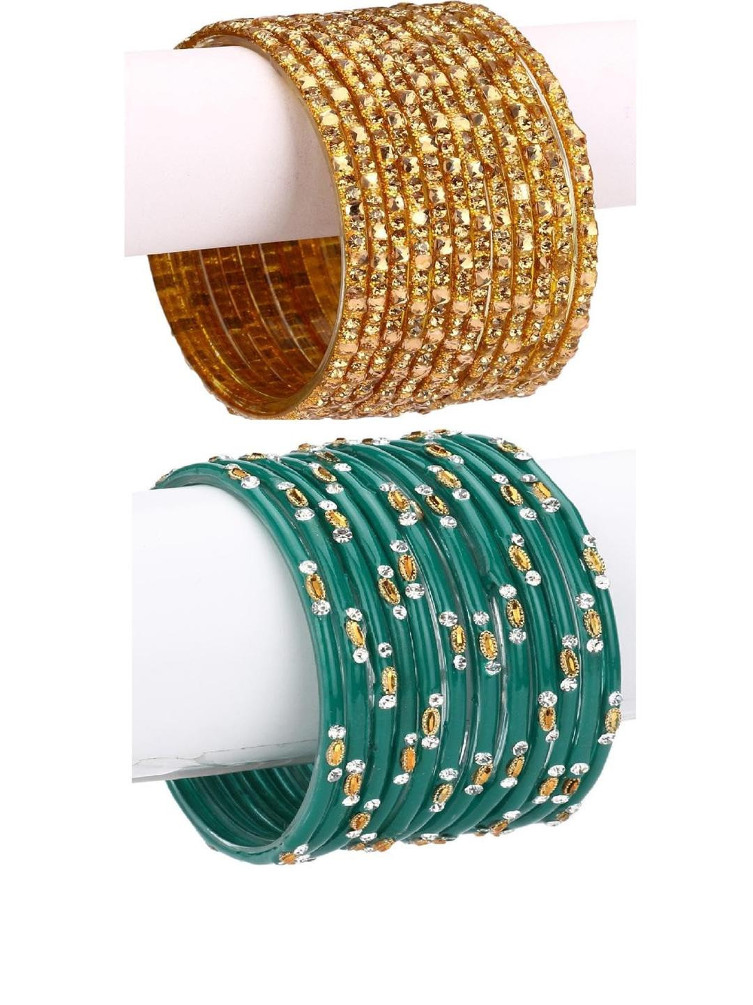 Somil Stylish Glass Bangle/Kada  , Combo Of 2 Set, Each Set In 12 Bangles, Gold & Redium