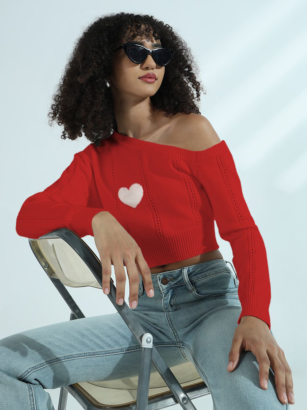 SHOWOFF Women Geometric Ribbed Fitted Crop Top With Heart