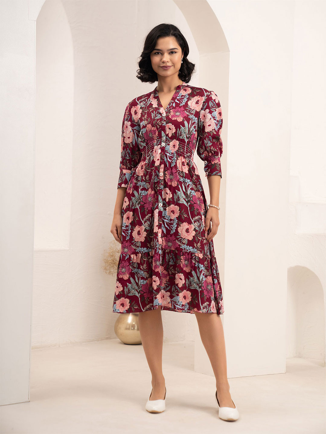 AASK Women's Maroon Printed Delta Crepe Fit and Flare Calf Length Dress