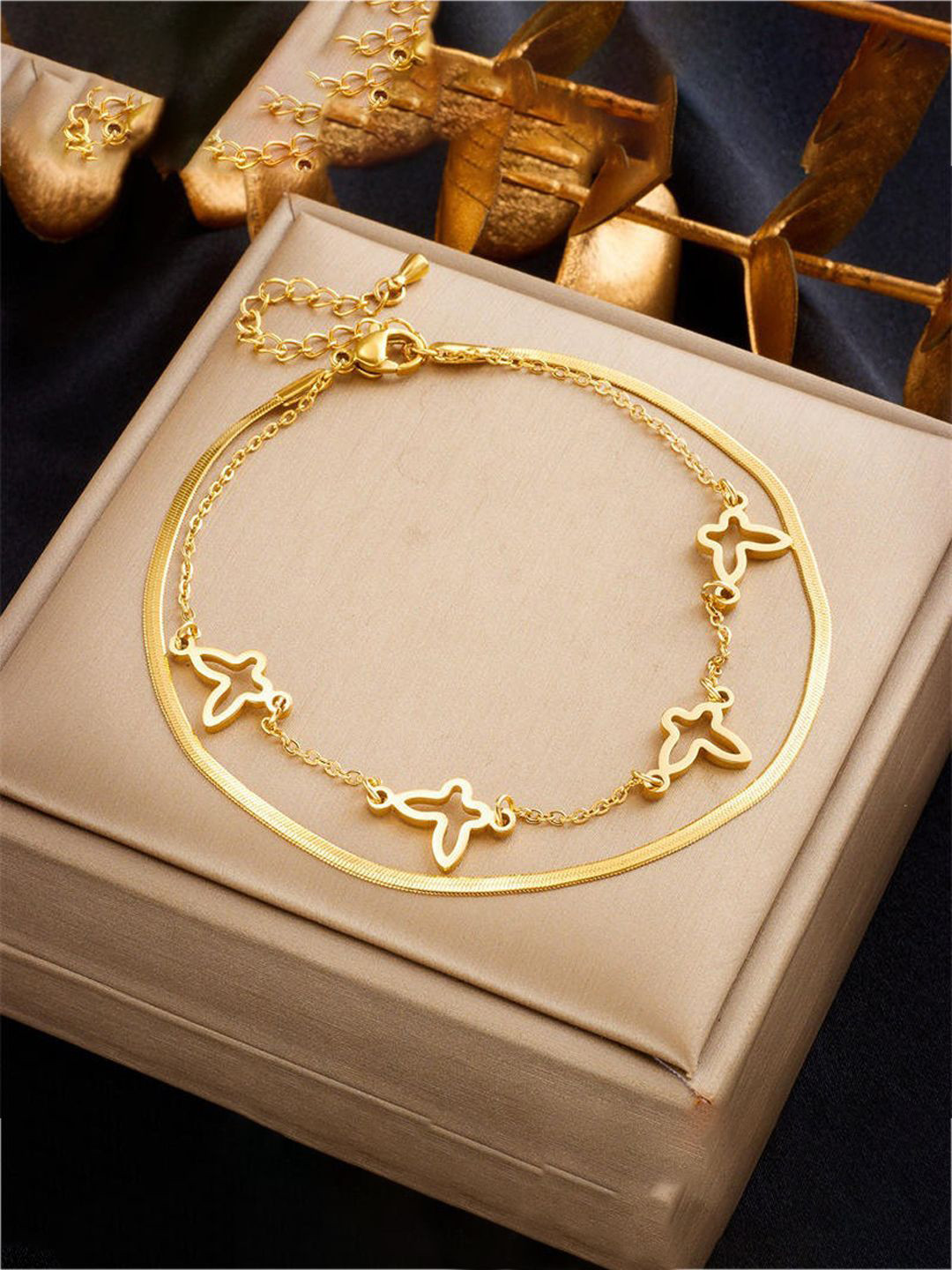 GOLDIWALA Stainless Steel Gold-Plated Wraparound 2-Layer Hollow Butter-fly Bracelet