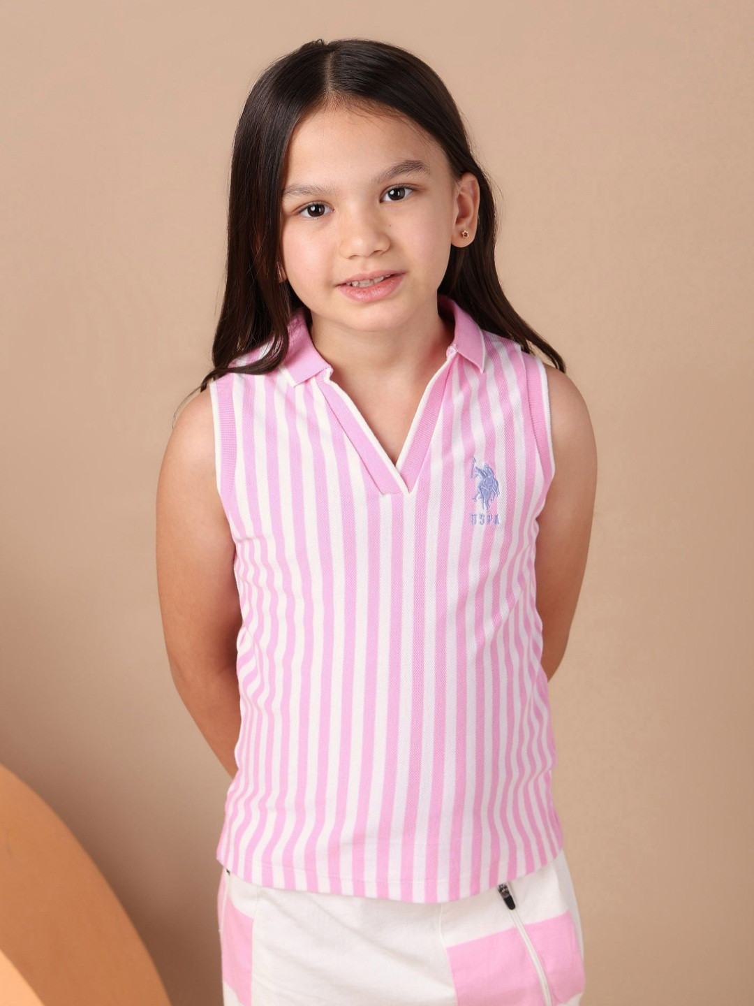 U.S. Polo Assn. Kids Girls Striped Polo Collar Sleeveless Pure Cotton T-shirt
