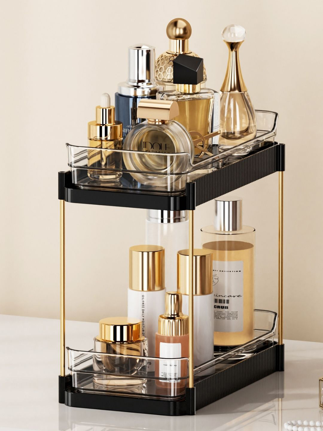 Mason Home Black & Gold-Toned Two Tier Pullout Metal Storage Makeup Organiser