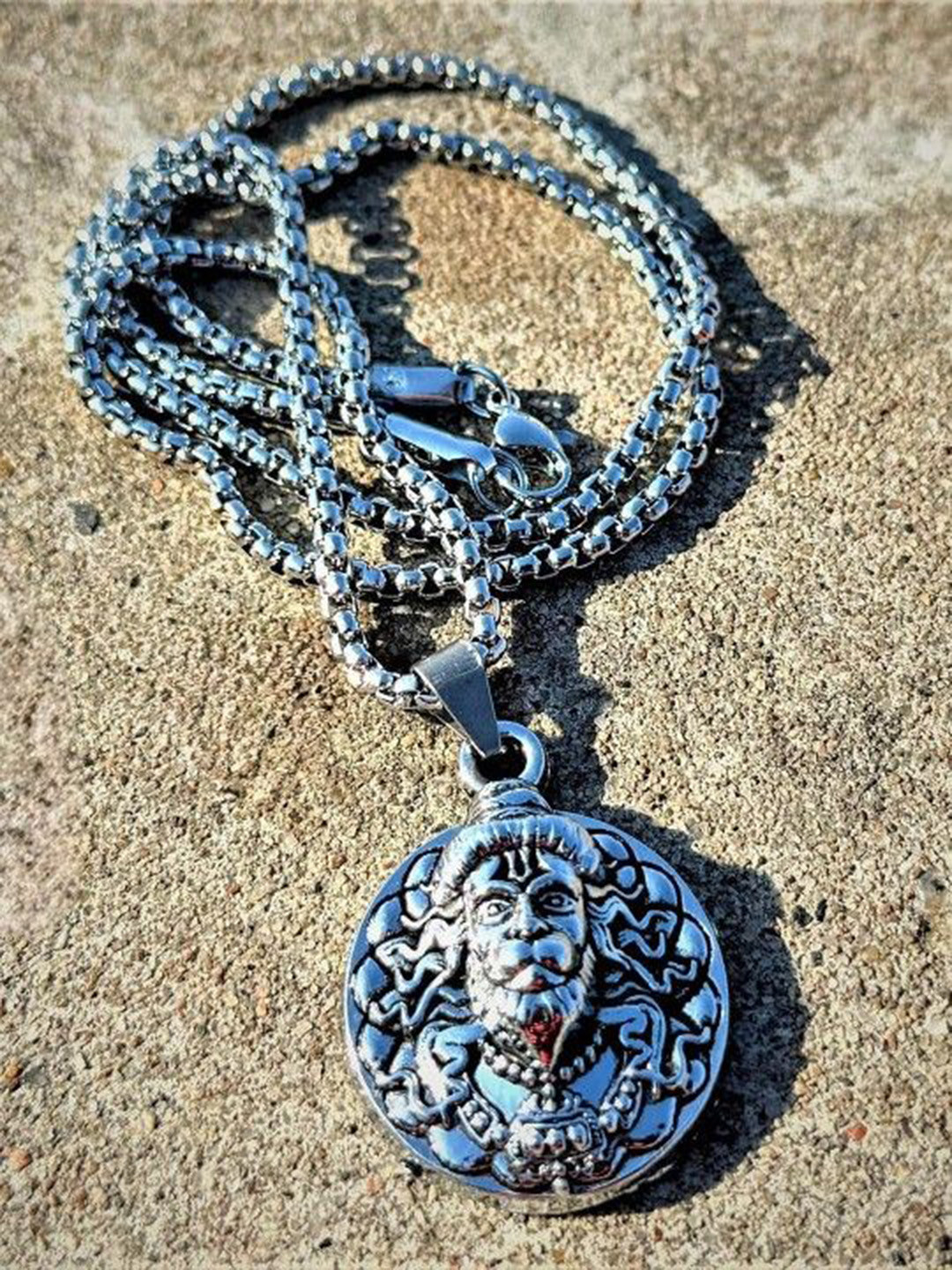 P. R. PRINTS Stainless Steel Silver-Plated Circular Hanuman Ji Face With Chains