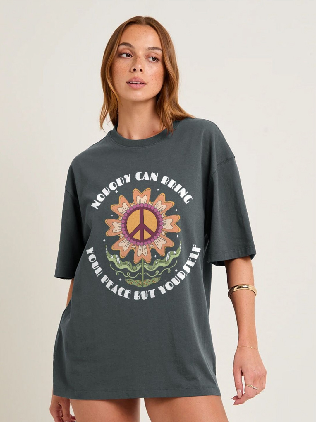 PRONK Peacebloom Graphic Printed Drop-Shoulder Sleeves Oversized Cotton T-shirt