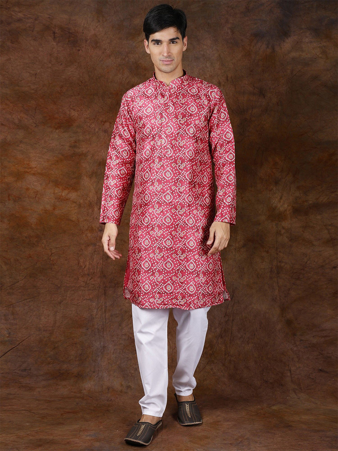 Exotic India Men Bandhani Printed Cotton Silk Mandarin Collar Kurta-Pajama Set